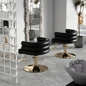 Chaise de coiffeur pivotante de luxe pour femmes, mobilier de salon de beauté moderne, cuir rose, base ronde dorée, petite chaise de coiffure - Product Image 2