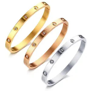 Wholesale Ladies Crystal Stone Cuff Stainless Steel Jewelry Engraved Bracelet Bangle