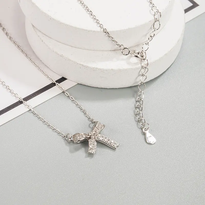 RINNTIN GSN001 Elegant Bow Jewelry Genuine 925 Sterling Silver Bow Knot Necklace With White Cubic Zirconia Bow Pendant