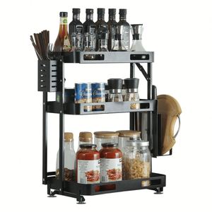 3 Tiers Foldable Stainless Steel <b>Collapsible</b> Organizers Spice Jar <b>Storage</b> Rack Seasoning Shelf Set With Knife Holder - Product Image 1