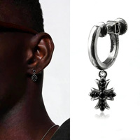 Boucles d'oreilles pendantes vintage en forme de croix, unisexe, en acier inoxydable, zircon noir, bijoux d'oreille hip-hop, vente en gros