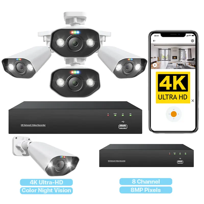 8 채널 NVR CCTV 카메라 시스템 4k 실외 보안 카메라 보안 및 감시 CCTV 8MP PoE NVR 8 채널 키트