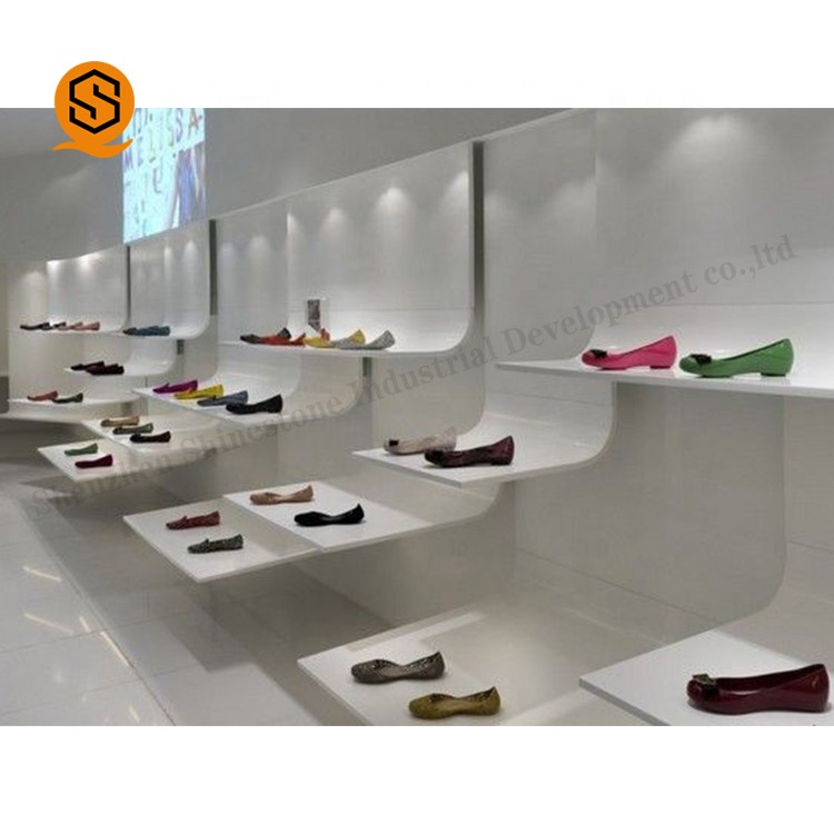 Superfície sólida acrílica personalizada, expositor de sapatos, cosméticos, exibição de loja, estantes, design de fixação interior