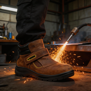 Heat Resistant Welding Safety <strong>Shoes</strong> - Brown Leather, <strong>Velcro</strong> Strap, Steel Toe, Anti-Puncture <strong>Mens</strong> Work Boots for Industrial Use - Product Image 5