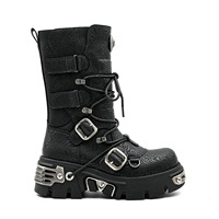 Bottes mi-mollet gothiques punk pour femmes en PU gaufré floral, à plateforme, avec boucle métallique et talon épais, style combat alternatif