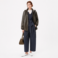 Veste coupe-vent vintage d'hiver pour femme, courte, à capuche, zippée, en cuir d'agneau véritable teint uni, style Gorpcore décontracté, vert rétro