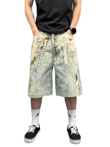 Shorts en jean vintage tissé pour homme, taille mi-haute, coupe ample, jambe large, délavé à l'acide, avec dentelle et chaîne de perles, style streetwear, décontracté d'été - Product Image 2