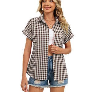 Camisa de mujer de verano 2026, informal, sencilla, a cuadros, con cuello y bolsillo, de manga corta, estilo temperamental para el día a día, con botones y microelástica. - Product Image 3