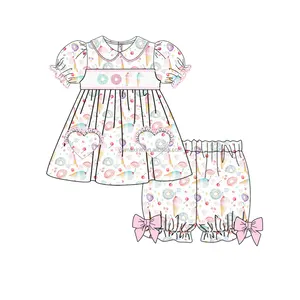 Boutique Kids Clothes Outfits Donut Embroidery Baby Girls Cotton Smocked Dress And Short Sets