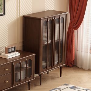 Aparador Alto de Madera Maciza Estilo Americano, Color Negro Retro, Mueble de Almacenamiento de Alta Gama para Sala de Estar, Librería, Vinoteca - Product Image 1