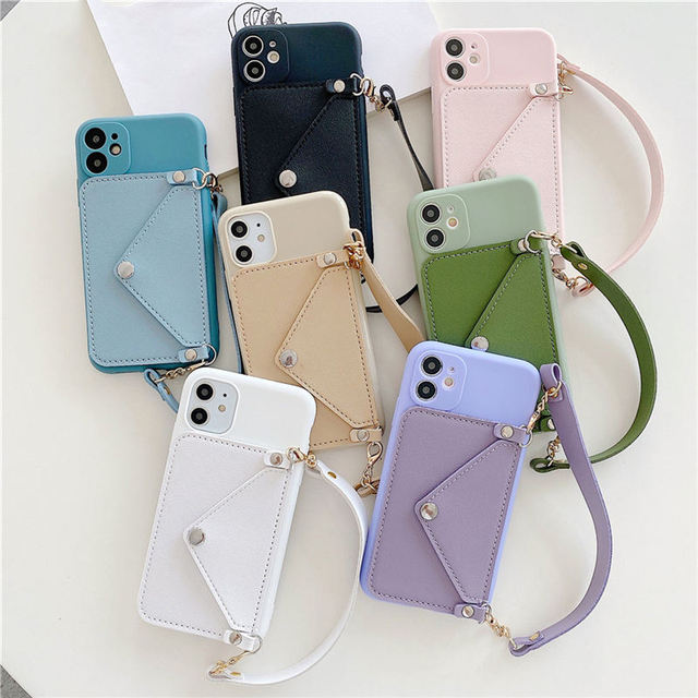 Card Strap Holder PU Lanyard Wallet Shockproof Crossbody Phone Case for 15 14 13 12 11 Pro Max 13 Mini 13 Pro