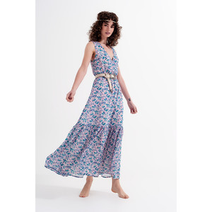 Vestido Largo sin Mangas con Estampado Floral en Verde - Product Image 1