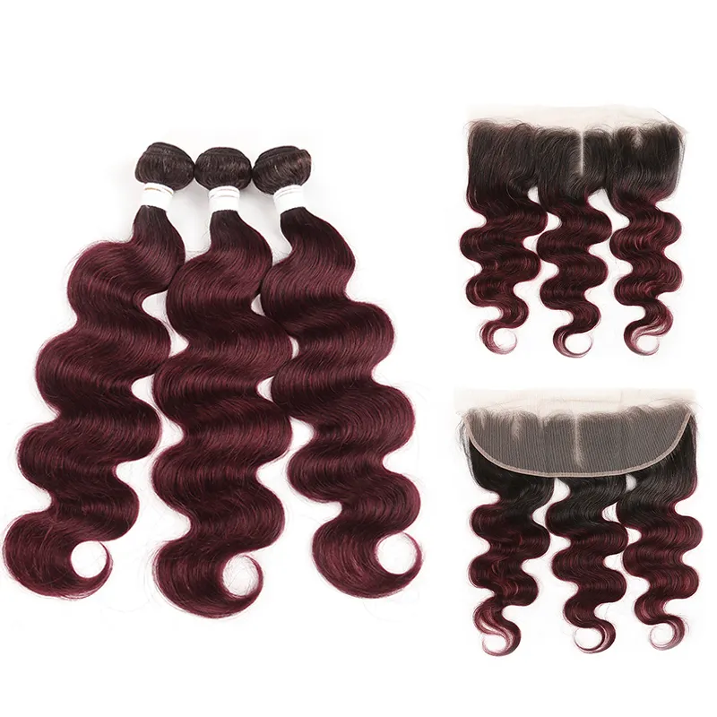 Kemy cabelo brasileiro com renda frontal 99j, vinho vermelho ondulado virgem cabelo humano feixes com 13*4 renda fechamento Frontal