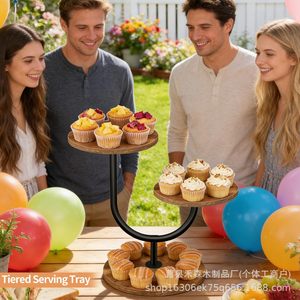 Wooden Three Tier Cake Stand Round Iron Wood Combination <b>Birthday</b> Party Dessert Display Rack Tabletop Storage - Product Image 2