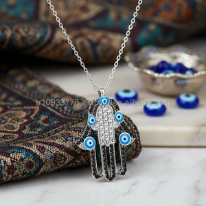925K Sterling Argent Fatima Main Hamsa Turcs Émail Mauvais Œil Collier - Product Image 3
