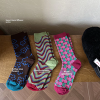 Nouvelles Arrivées Automne/Hiver Chaussettes Vintage Femme Motif Pied-de-Poule Artistique Coton Mi-Mollet Double Aiguille Double Fil Cadeau