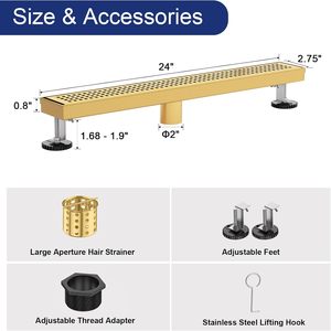 Drain de douche linéaire moderne en acier inoxydable AISI 304 de 24 pouces, finition or brossé, grille amovible, <span class=keywords><strong>pieds</strong></span> réglables, rectangulaire pour sol - Product Image 3
