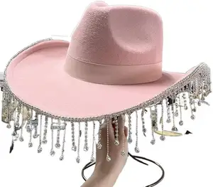 Kustom berlian imitasi kristal merah muda topi koboi mode pesta dansa pernikahan Jazz topi koboi OEM/odm