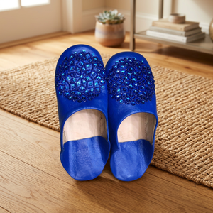 Sandales d'intérieur pour femmes en cuir véritable bleu avec motif géométrique en strass, rembourrées, doublure en peluche, toutes saisons - Product Image 3