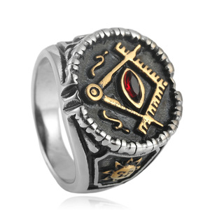 Men's Freemason <b>Ring</b> Stainless Steel Geometric Design Red Cubic Zirconia Bezel Setting Punk Style Fashion Jewelry Gift - Product Image 2
