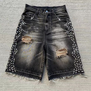 Custom logo Summer Diamonds Rhinestone Jeans Short Raw Hem Ripped Hole Fashion Shorts Vintage Washed Distressed Denim Shorts - Product Image 1