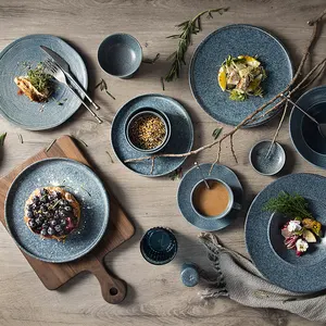 Japanese Porcelain Dinnerware Theme Matte Blue Retro Dishes Plate Bowl Stone Ceramic Crockery Set Rustic Plates For Restaurant