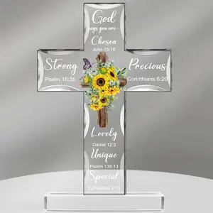 Acrylic Christian Standing Cross Inspirational Gift with Bible Scripture and Prayer Sunflowers For Women, Men, Friends, Mothers