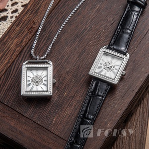 Foksy vente en gros personnalisé Quartz Zircon <span class=keywords><strong>pendentif</strong></span> collier <span class=keywords><strong>montre</strong></span> pour femmes Bracelet en acier inoxydable boîtier carré <span class=keywords><strong>montre</strong></span> avec mouvement - Product Image 2