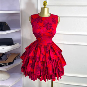 Abito Estivo 2025 da Donna Europeo-Americano, Nuovo Modello Dolce e Fresco con Stampa Floreale, Scollo a O, Senza Maniche, Vita Alta e Gonna a Strati - Product Image 3