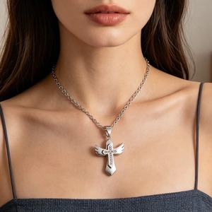 Collar con Colgante de Cruz en Forma de Ala de Circonia y Acero Inoxidable para Mujeres y Hombres, Amuleto de Cristo, Cadena de Oración, Accesorios de Joyería Metálica - Product Image 4