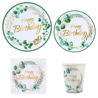 Ensemble de vaisselle jetable en papier vert sauge sans BPA avec feuilles d'eucalyptus modernes Goodsplus pour anniversaire, assiettes, gobelets et serviettes – Joyeux Anniversaire