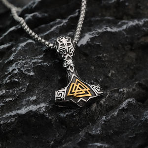 <b>Titanium</b> Steel Viking Thor Hammer Pendant Necklace Men's Stainless Steel Geometric Design Retro Style Gift For Male And Female - Product Image 3