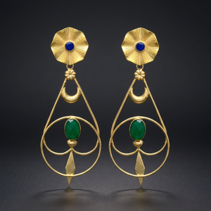 Artisan Ethnic Sunburst Crescent Moon Gemstone Earrings <b>Gold</b> Fluted <b>Disc</b> Royal Blue Lapis Oval Green Onyx Drop Wire Frame Party - Product Image 2