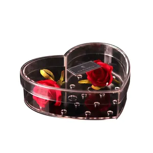 心形透明粉色亚克力花盒18玫瑰展示手工礼品花盒心形花朵包装盒