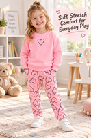 Ensemble de survêtement rose à imprimé cœur pour filles, vente en gros, sweat-shirt et pantalon doux, tenue confortable pour enfants, prend en charge OEM ODM