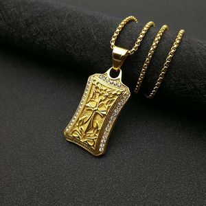 yunnique Hip Hop Style Gold Plated Stainless Steel Rectangular <b>Cross</b> Pendant Necklace With Diamond Pave Setting For Gift - Product Image 3