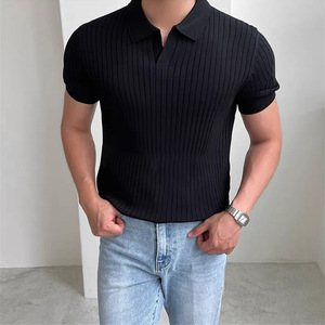 T-shirt de golf pour <span class=keywords><strong>homme</strong></span>, couleur unie, mode, col ouvert, respirant, tricoté, coupe ajustée, rayé, personnalisable, pour sports d'été et loisirs - Product Image 4