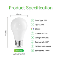Ampoule LED A60 E27 10W 100-265V50/60Hz 6 000 heures de durée de vie 3000K-10000K température de couleur Haut rendement lumineux