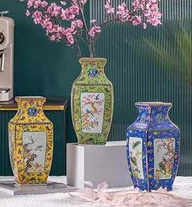 Vase en émail carré jaune fait à la main antique chinois Vase en céramique décor à la maison avec motif fleur et oiseaux complexe bord doré - Product Image 5