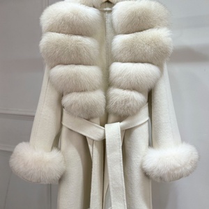 New Autumn Cashmere <b>Wool</b> Blends Women Natural Removable Fox Fur Collar Lace up Loose Double-sided Woolen Fleece Jacket with Belt - Product Image 6