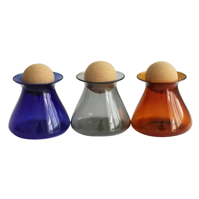 Fancy cone shape airtight colorful borosilicate glass storage food Jar with cork lid amber jars with lids