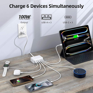 Cargador de Pared USB-C de 100W y 6 Puertos con Cable, 3 Puertos USB-C + 3 Puertos USB-A, Carga Rápida para iPhone, MacBook, iPad y Otros Dispositivos, Enchufe Europeo - Product Image 4