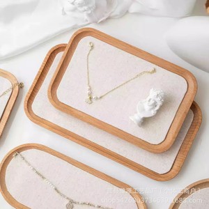 Solid Wood Jewelry Display Tray Linen Lined Rectangle Square Oval For <b>Necklace</b> <b>Ring</b> Earring Photography Props - Product Image 4