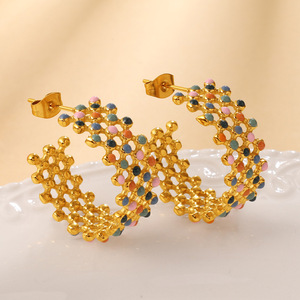 Pendientes de Aro en Forma de C, Estilo Europeo Americano, Retro, Coloridos, Huecos, Juego de Joyería Dorada, Diseño Geométrico, para Fiestas - Product Image 3