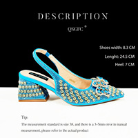 Chaussures de mariée bleues pour femmes à talon carré et bride arrière, avec sac à main assorti, pour soirées et événements, ornées de pierres, toutes saisons