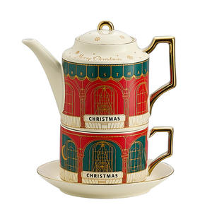 Service à thé en céramique, coffret cadeau souvenir de Noël, théière anglaise, tasses et soucoupes à café plaquées or - Product Image 1