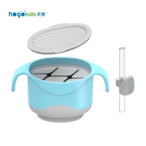 Sıcak satış 3 in 1 kapalı servis kasesi silikon yürümeye başlayan kase için saman ile bebek içme aperatif çanaklar - Product Image 2