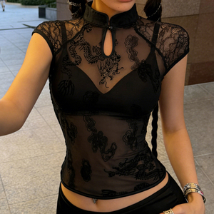 Summer Women’s Y2K Vintage Dragon Print Sheer Mesh Mock Neck Short Sleeve Sexy T-Shirt Wholesale - Product Image 1