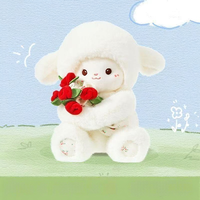 Boneka Domba Lucu Berbunga dengan Topi dan Buket, Figur Boneka Lembut untuk Hadiah Ulang Tahun Anak