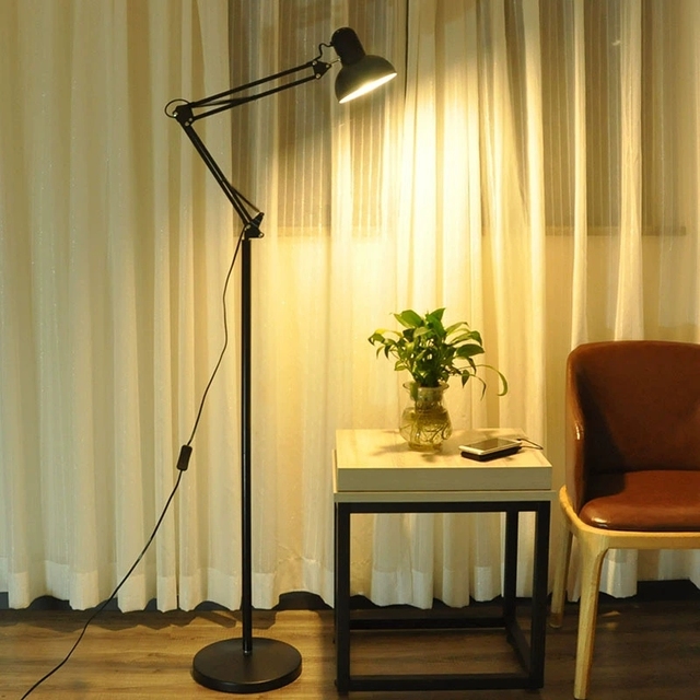 Industrial Adjustable Swing Arm Floor Lamp,Rustic Vintage Living Room Bedroom Bedside Office Study Black Standing Floor Lights